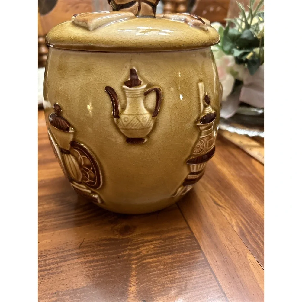 Vintage Pottery Cookie‎ Jar grandfather Clock Rocking Chair Amber lid brown